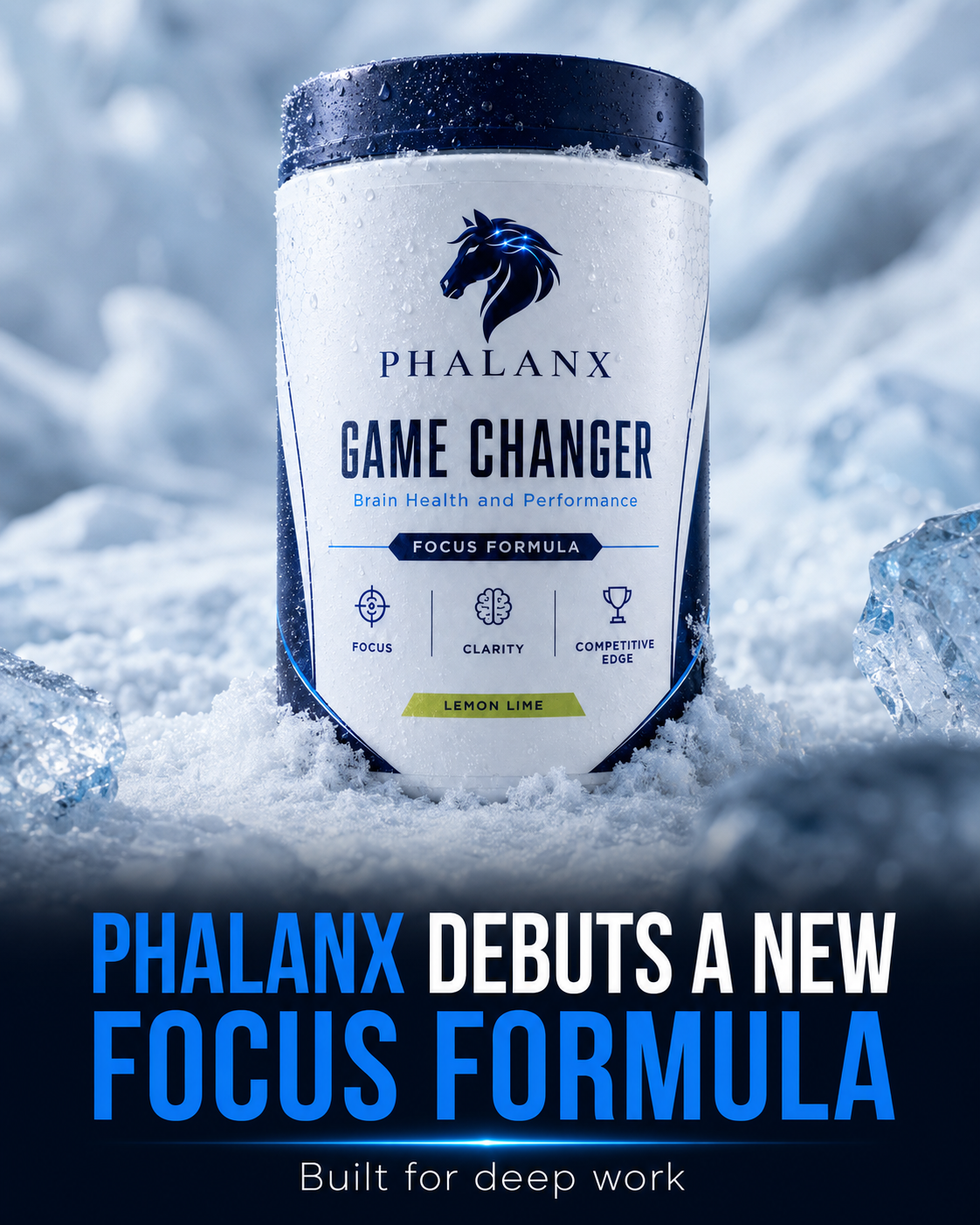 Vit burk med Phalanx Focus Formula i en ren blåvit produktpresentation.