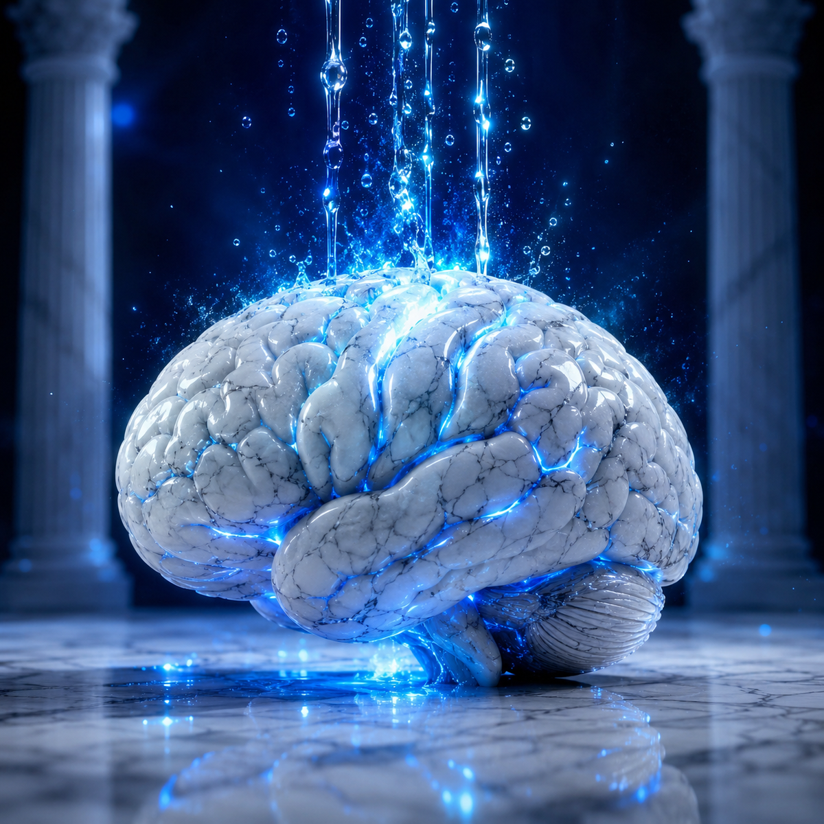 Vit marmorhjärna med blå neural energi som symboliserar fokus, mental klarhet och kognitiv prestation.